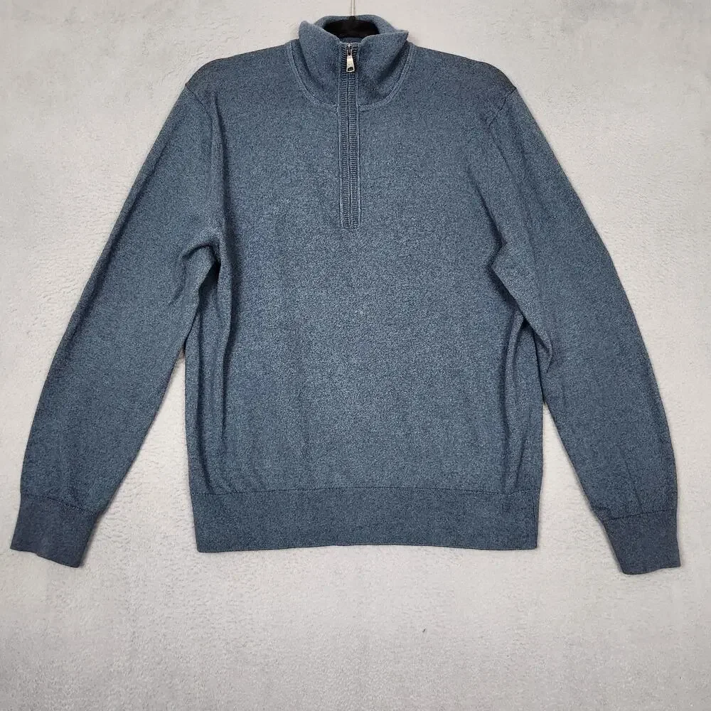 Banana Republic Sweater Mens Medium Blue Cotton Cashmere Quarter Zip Mock Neck